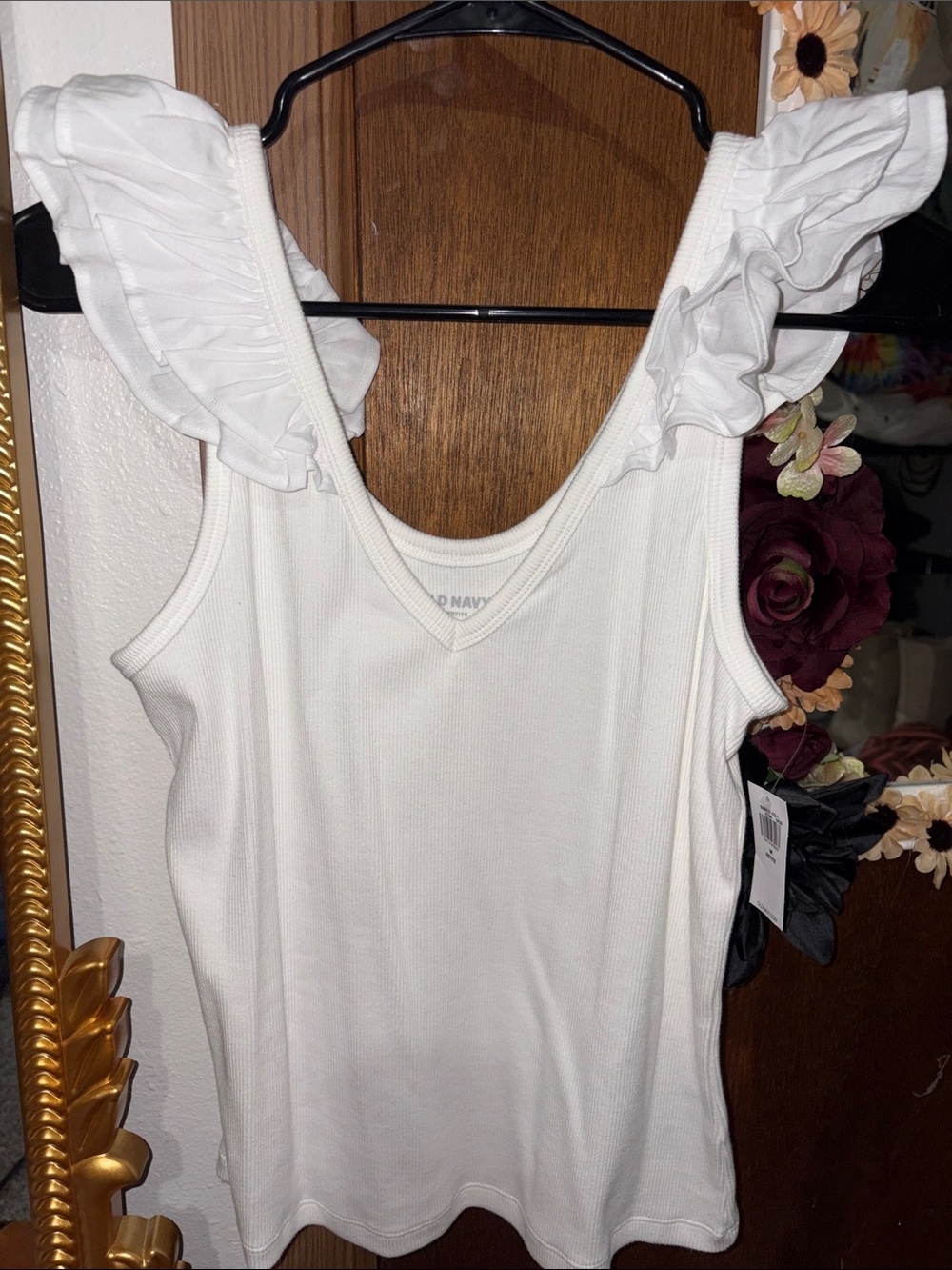 Old Navy White Ruffle Strap Ribbed Tank
